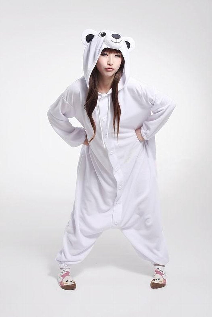 KIMU Onesie ijsbeer kinder pak wit beer kostuum - maat 128-134 - ijsberenpak berenpak jumpsuit pyjama