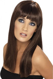 Bruine glamour pruik met pony