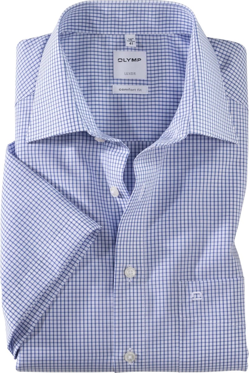 OLYMP Luxor comfort fit overhemd - korte mouw - blauw met wit geruit -  - Boordmaat: 47