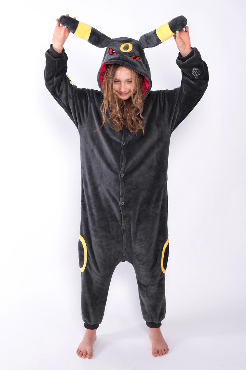 KIMU Onesie Umbreon Pokemon pak kostuum vos antraciet - maat S-M - Umbreonpak jumpsuit huispak