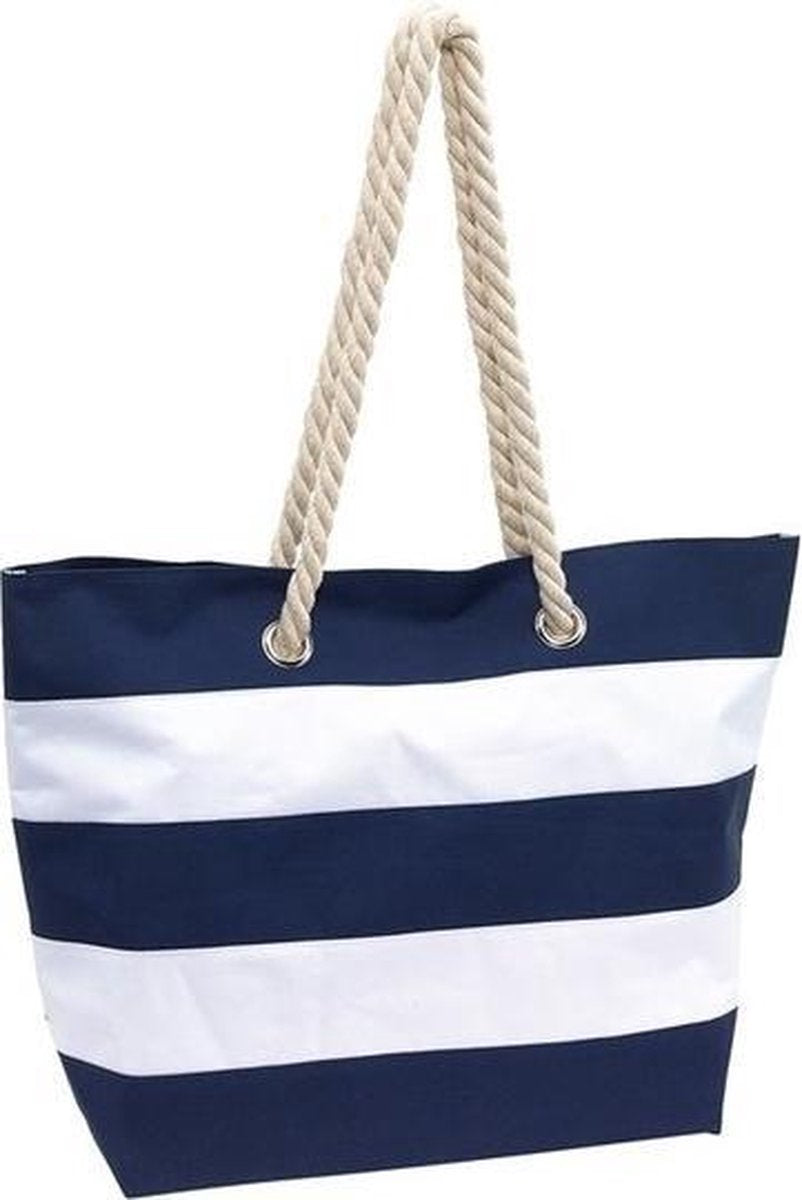 Boodschappentas gestreept blauw/wit 47 cm - bags/shoppers met klittenbandsluiting