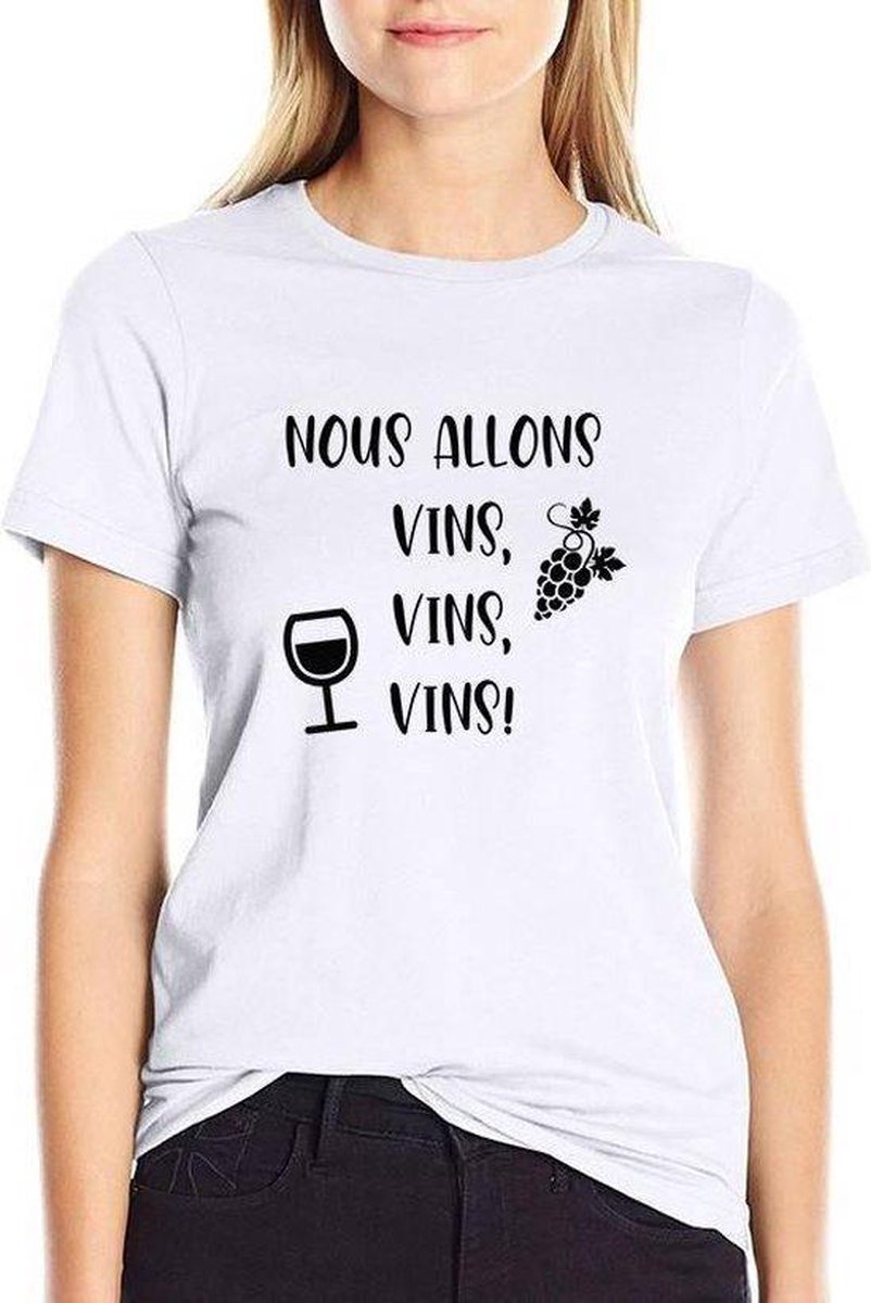 T-shirt wit met zwarte opdruk: "Nous Allons Vins Vins Vins"