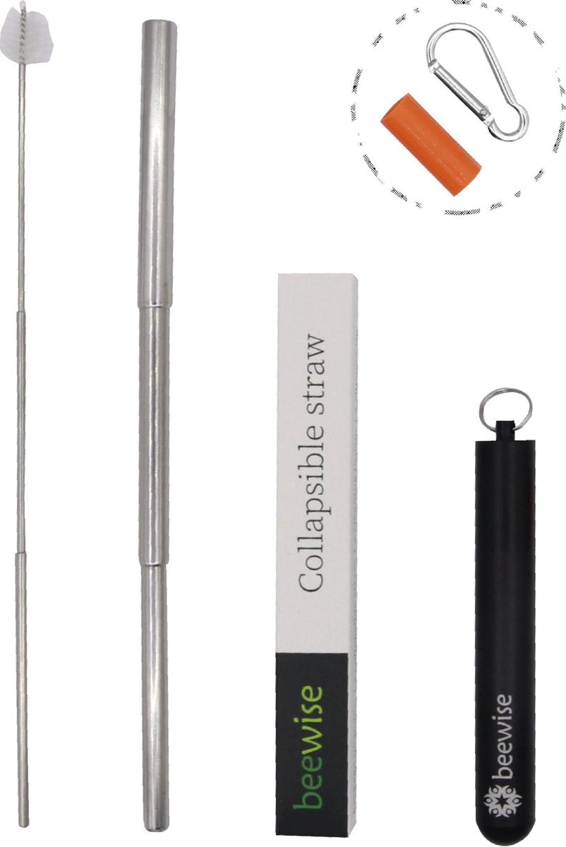 Uitschuifbare herbruikbare rietje | Milieuvriendelijk | Opvouwbare | 23 cm | Case met sleutelhanger + schoonmaakborstel | Metalen rietje | Roestvrijstaal |Duurzaam Cadeau | Collapsible reusable straw | Black