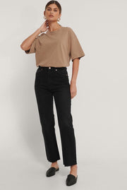 NA-KD Straight High Waist Raw Hem Vrouwen Jeans - Washed Black - Maat EU 38