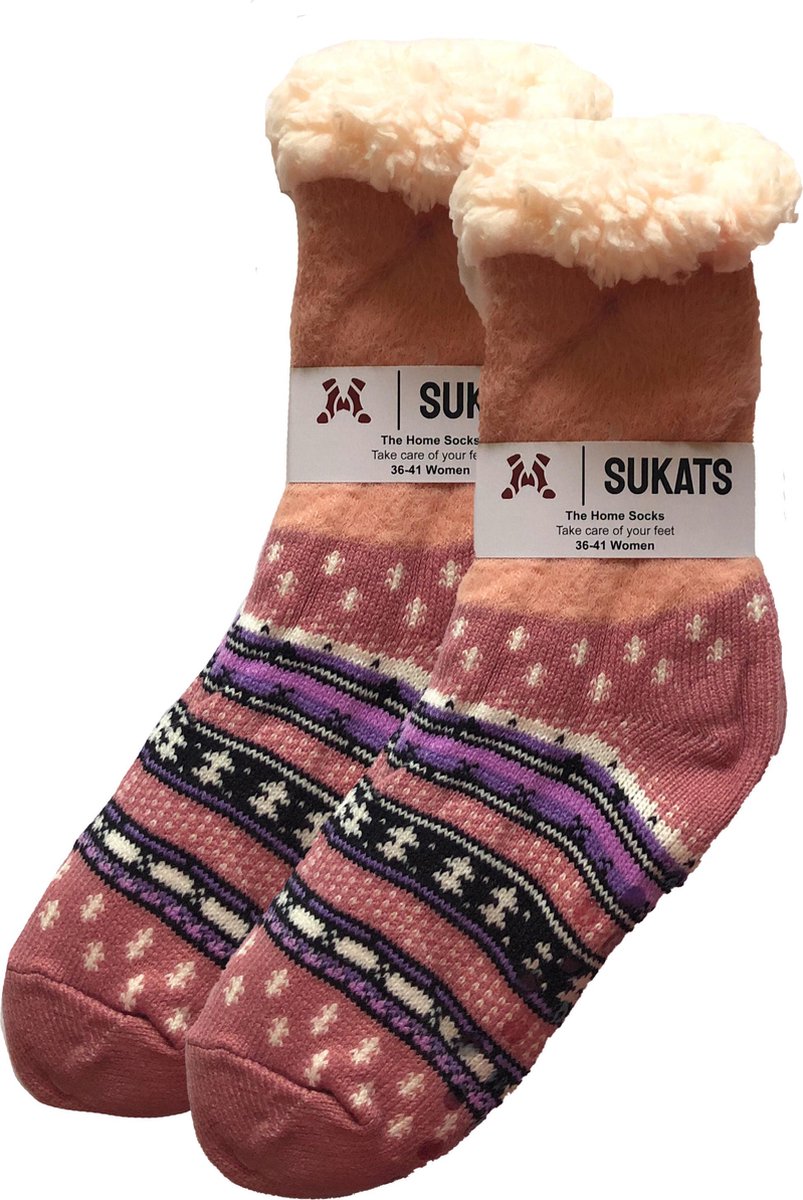 Sukats - Homesocks - Huissokken - Dames en Heren - Maat 36-41 - Donkerroze - Retro - Anti-Slip - Fluffy - Meerdere Maten en Varianten
