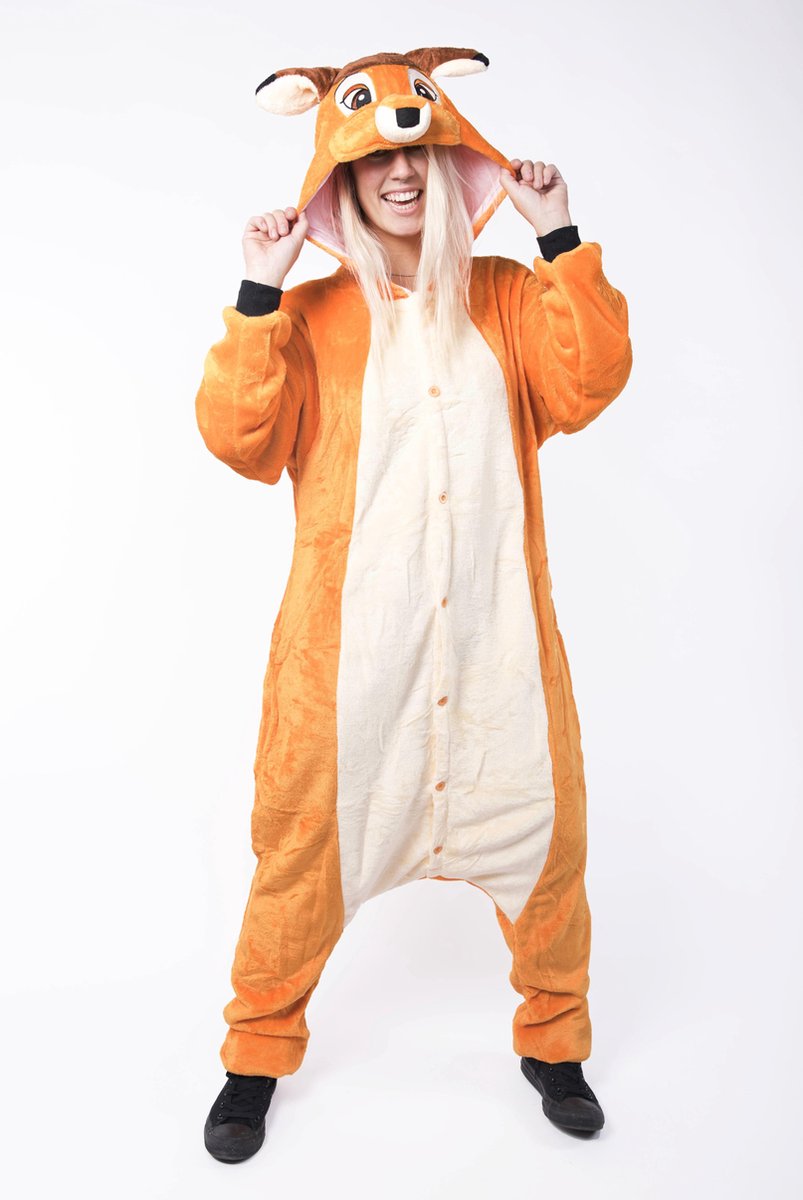 KIMU Onesie Bambi kinder pak hert ree kostuum - maat 110-116 - hertenpak bambipak jumpsuit pyjama