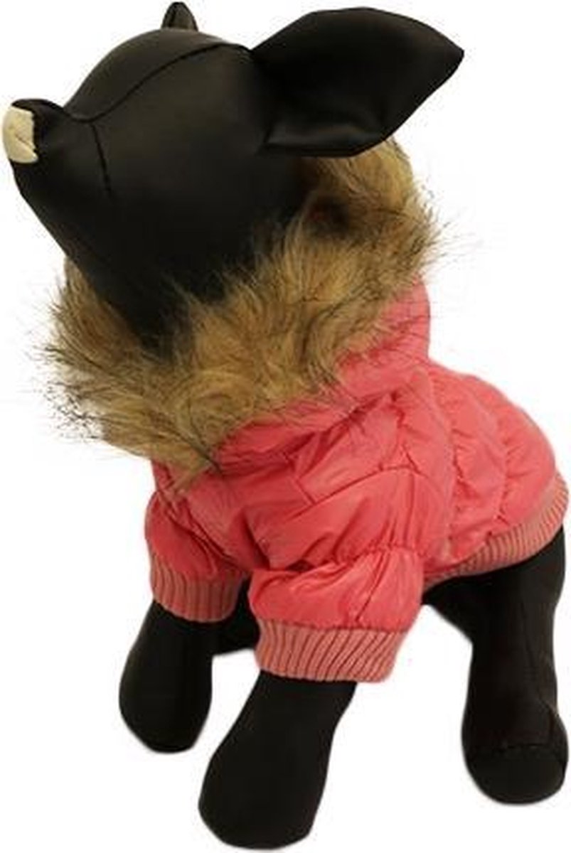 Winterjas voor de hond in de kleur roze met bont randje - S ( rug lengte 22 cm