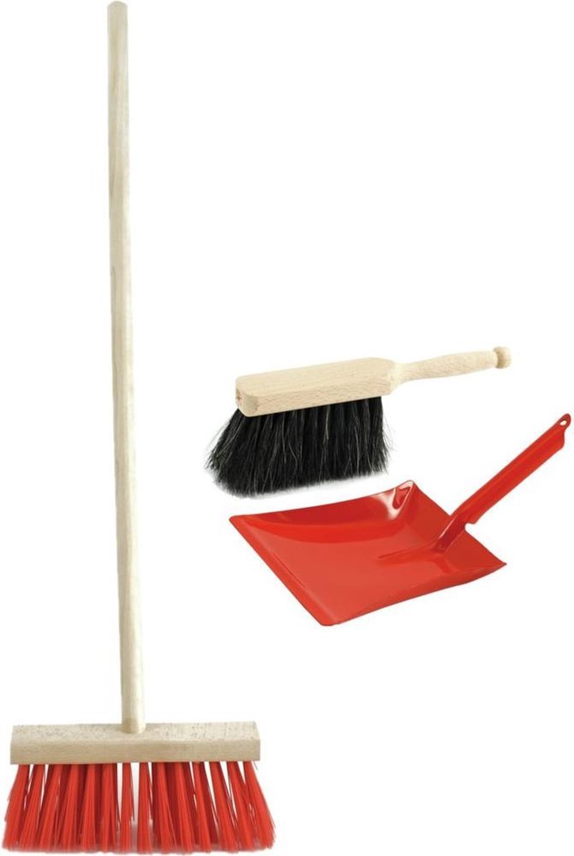 Kinder schoonmaak set -  Stoffer en blik met bezem rood - 3-delige speelgoed set