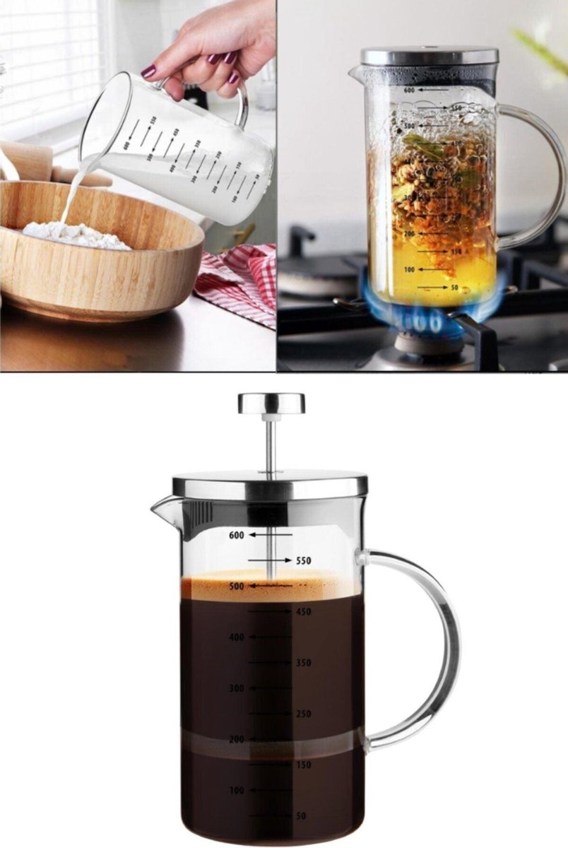 Cambu - 3 in 1- Maatbeker - Borosilicaat Theepot - French Press - 600ml