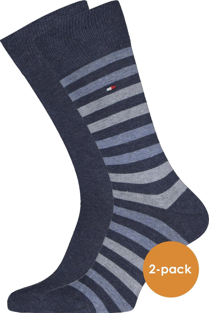 Tommy Hilfiger Duo Stripe Socks (2-pack) - herensokken katoen - gestreept en uni - jeans blauw -  Maat: 43-46