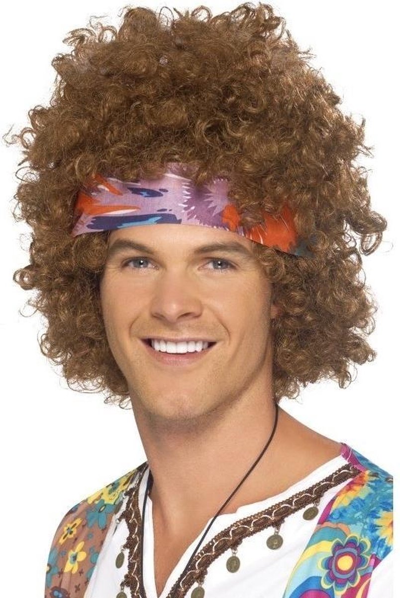 Bruine hippie pruik met haarband voor heren