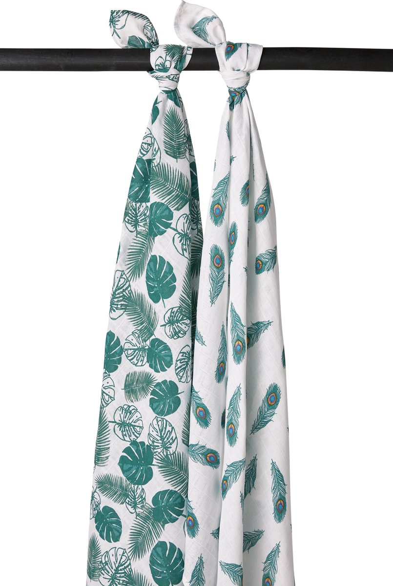 Meyco 2-pack Swaddle - Hydrofiele luiers - Tropical leaves-Peacock emerald green