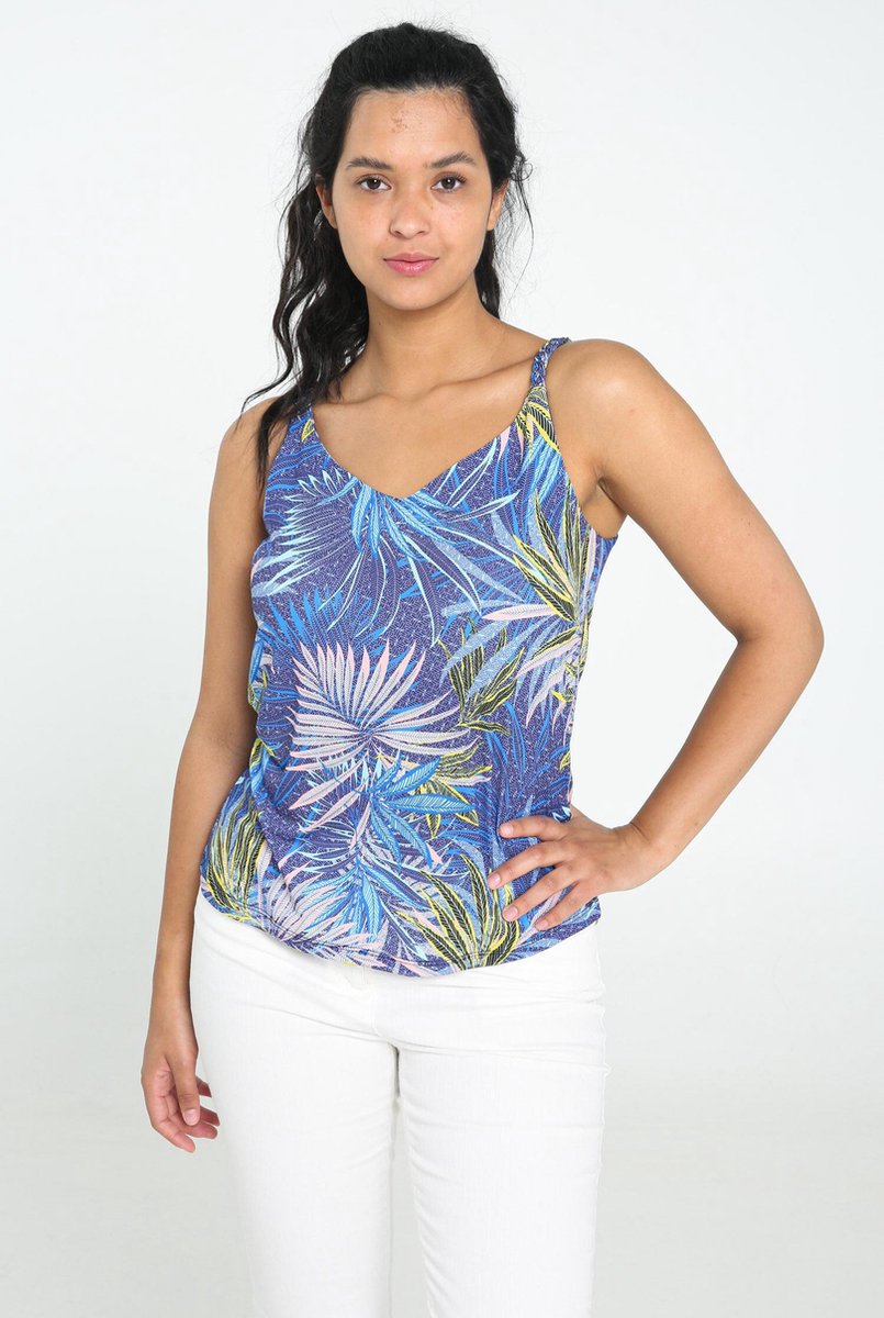 Cassis - Top met kleurrijke bladprint - Blauw
