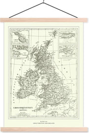 Klassieke wereldkaart Groot Brittannië en Ierland textielposter latten blank 40x53 cm - Foto print op schoolplaat (wanddecoratie woonkamer/slaapkamer)