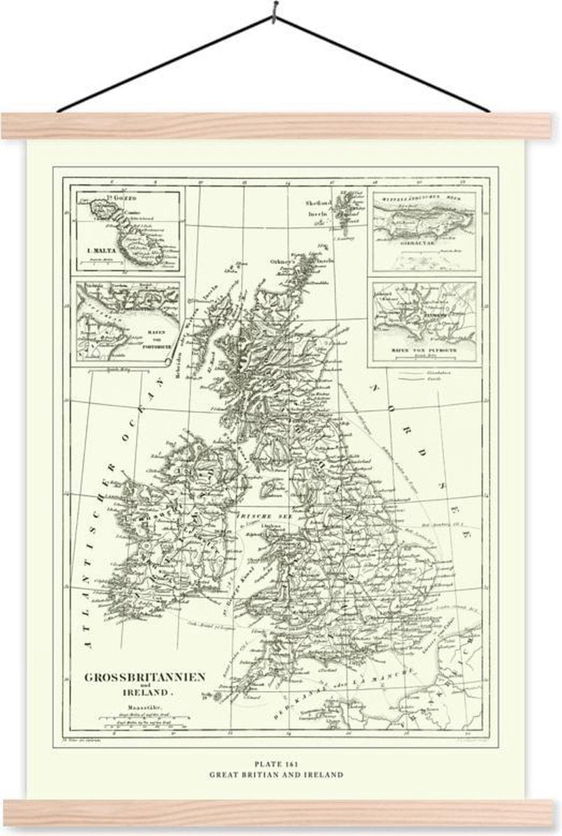 Klassieke wereldkaart Groot Brittannië en Ierland textielposter latten blank