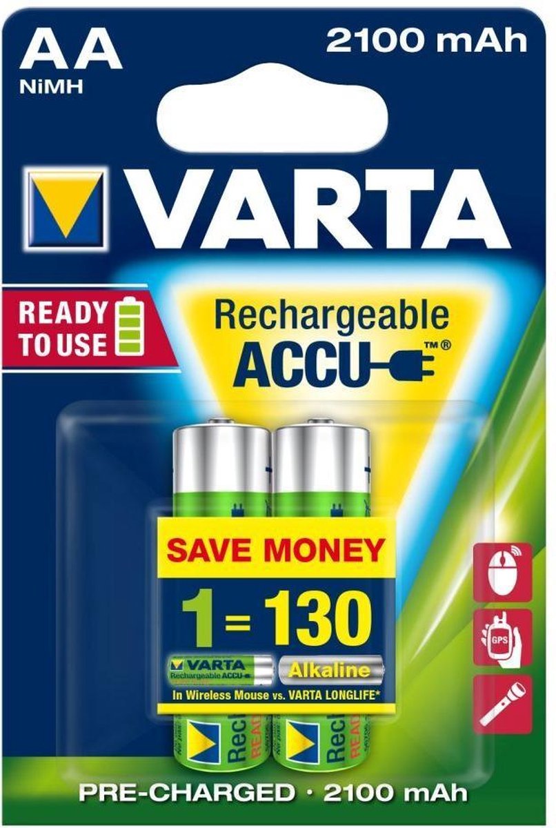 1x2 Varta Rechargeable Accu AA Ready2Use NiMH 2100 mAh Mignon - 2 stuks