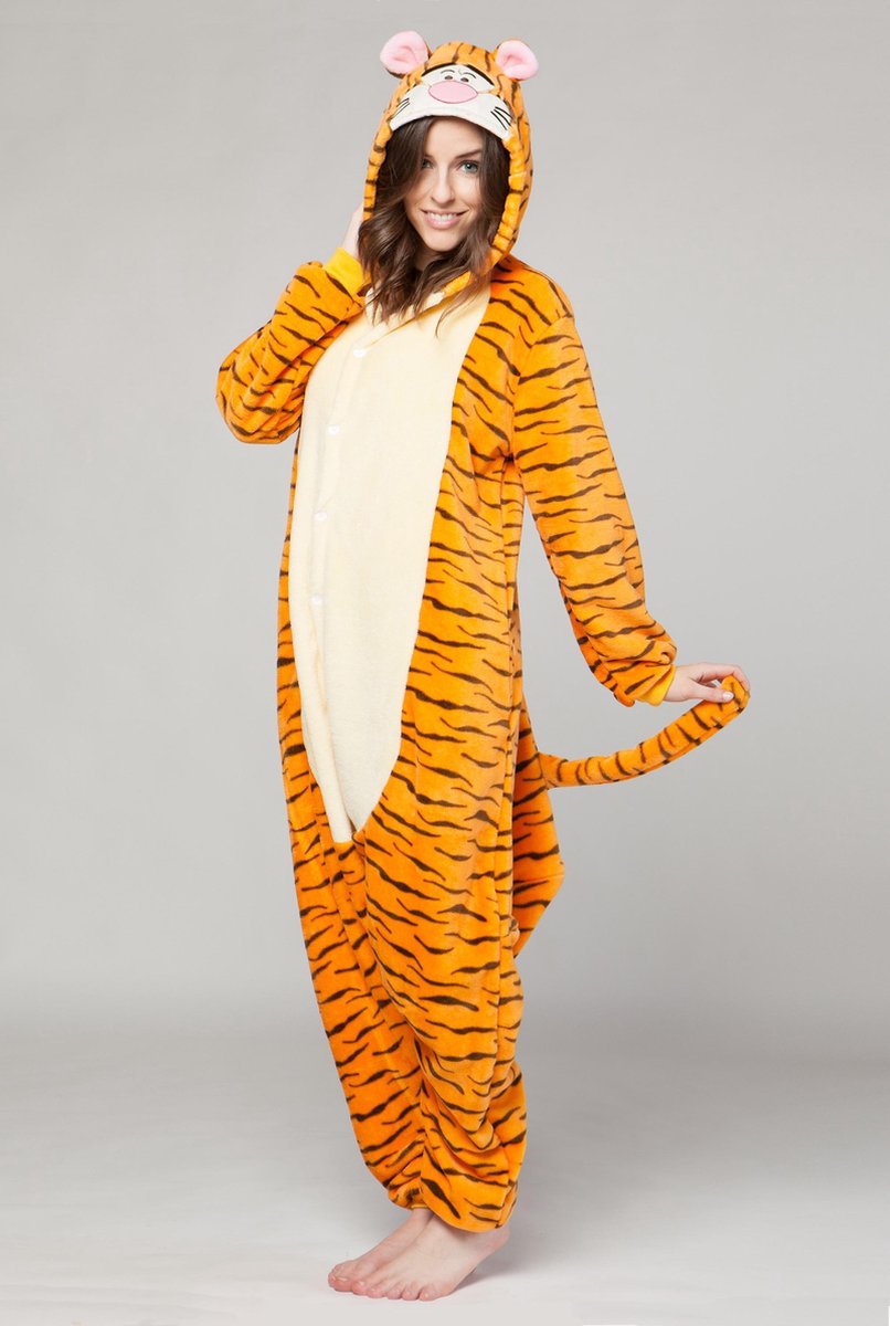 KIMU Onesie Teigetje pak tijger kostuum - maat L-XL - tijgerpak oranje jumpsuit huispak tijgertje Winnie de Poeh