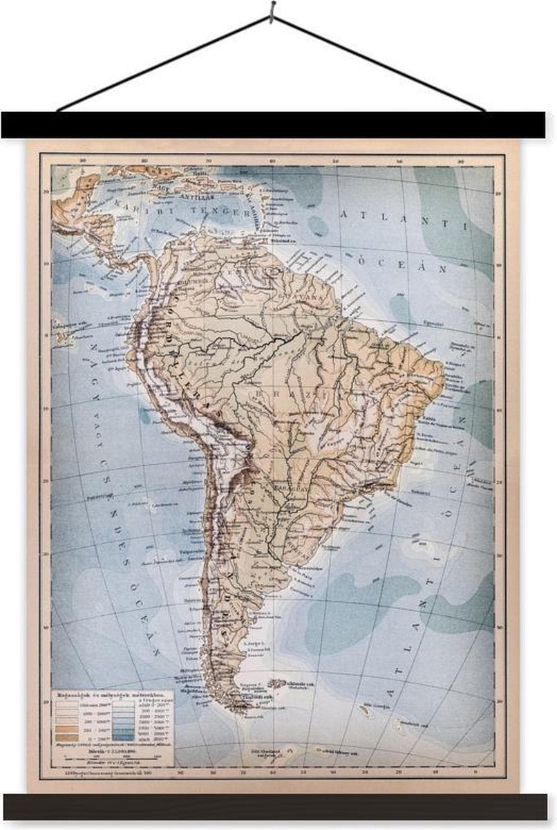 Klassieke wereldkaart Zuid-Amerika textielposter latten zwart