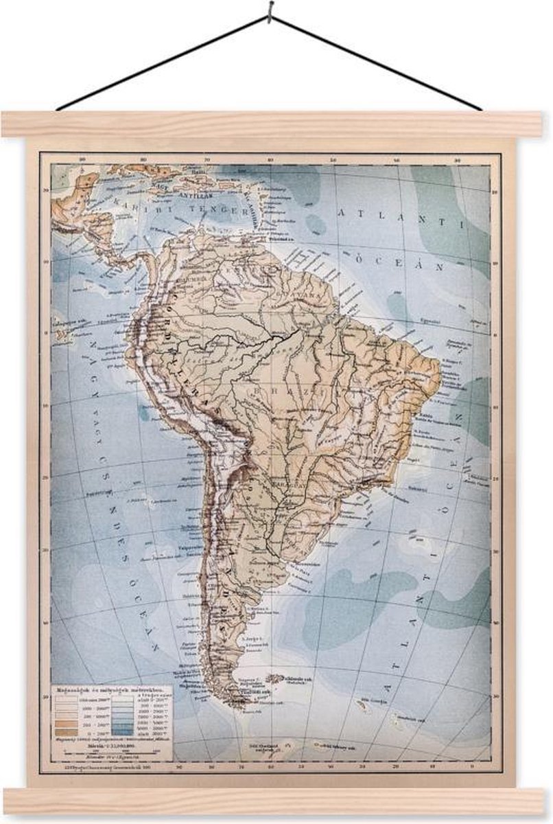 Klassieke wereldkaart Zuid-Amerika textielposter latten blank