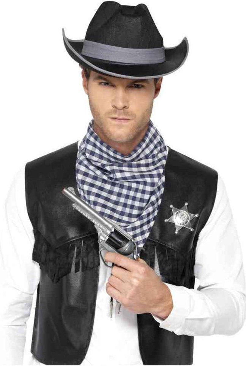 Western Kit Black Mock Leather Waistcoat Hat Badge & Neckscarf