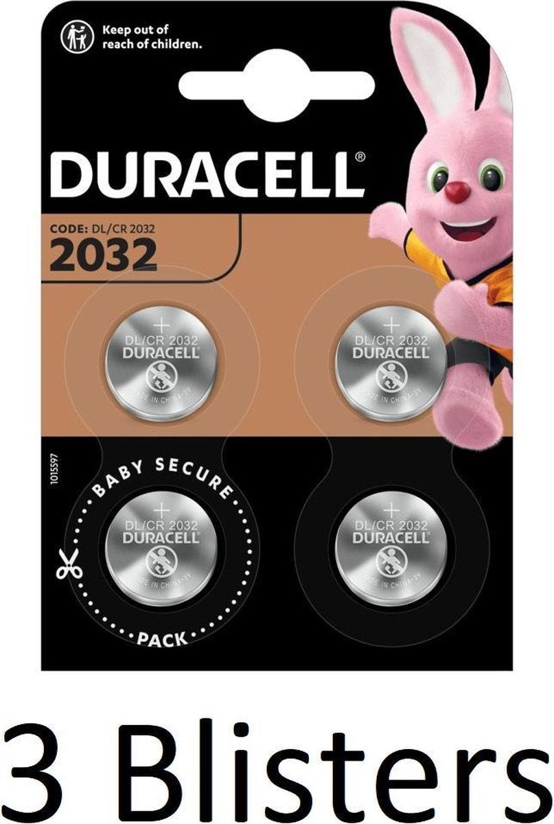 12 Stuks (3 Blisters a 4 st) Duracell 2032 Lithium-knoopcelbatterij