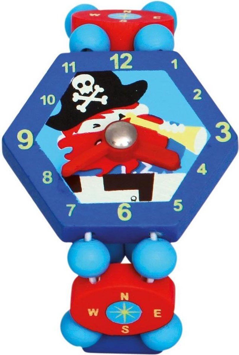 Bino Horloge Piraten Junior 8 X 4 Cm Hout Rood/blauw