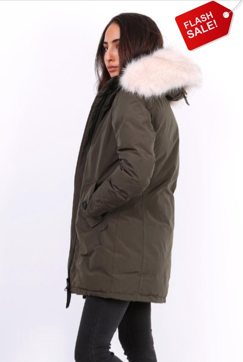Warme parka jas met bontkraag in 2 kleuren M / Khaki