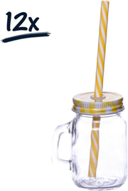 12x glazen drinkglas jar drinkbeker met oor deksel rietje 120ml | transparant | dop wit-geel