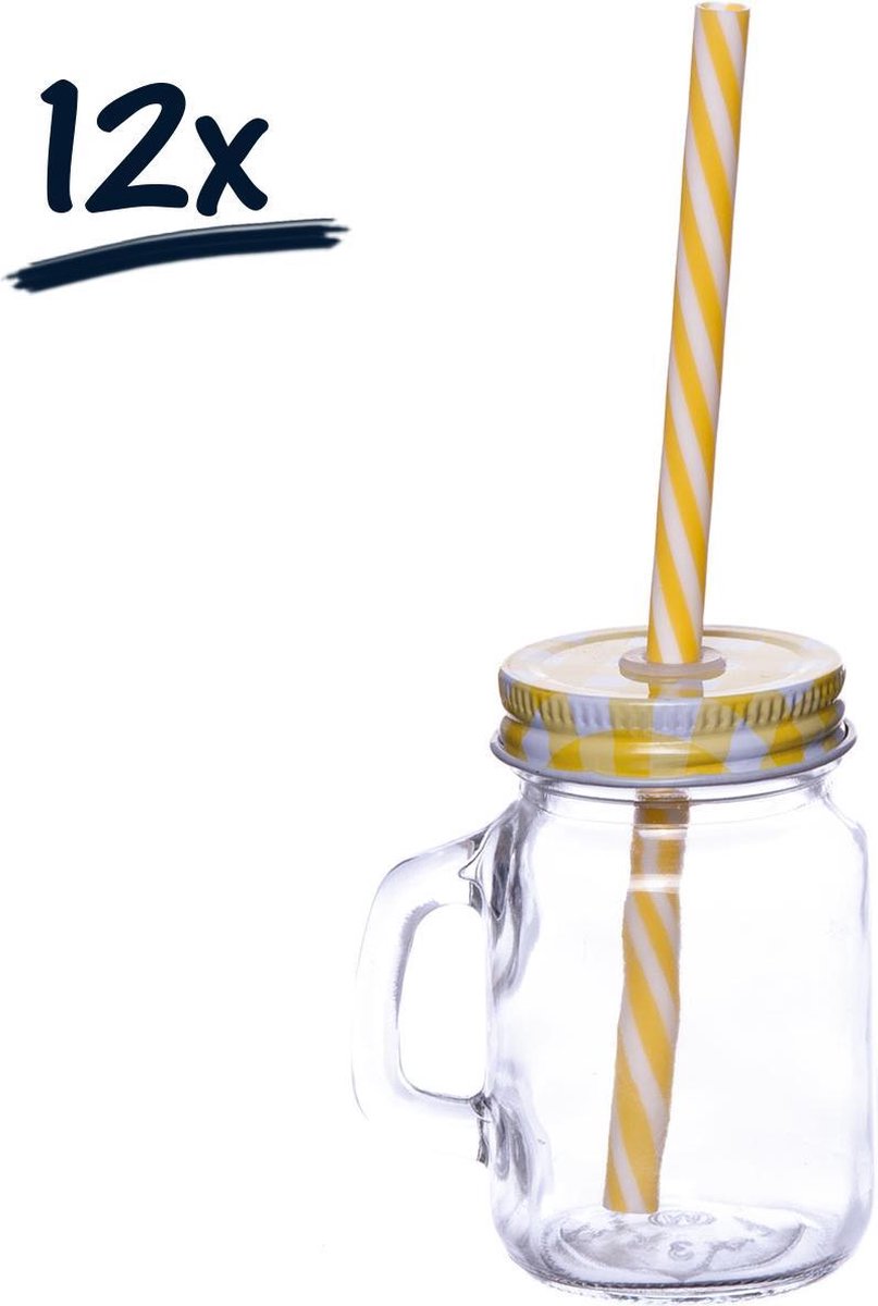 12x glazen drinkglas jar drinkbeker met oor deksel rietje 120ml | transparant | dop wit-geel