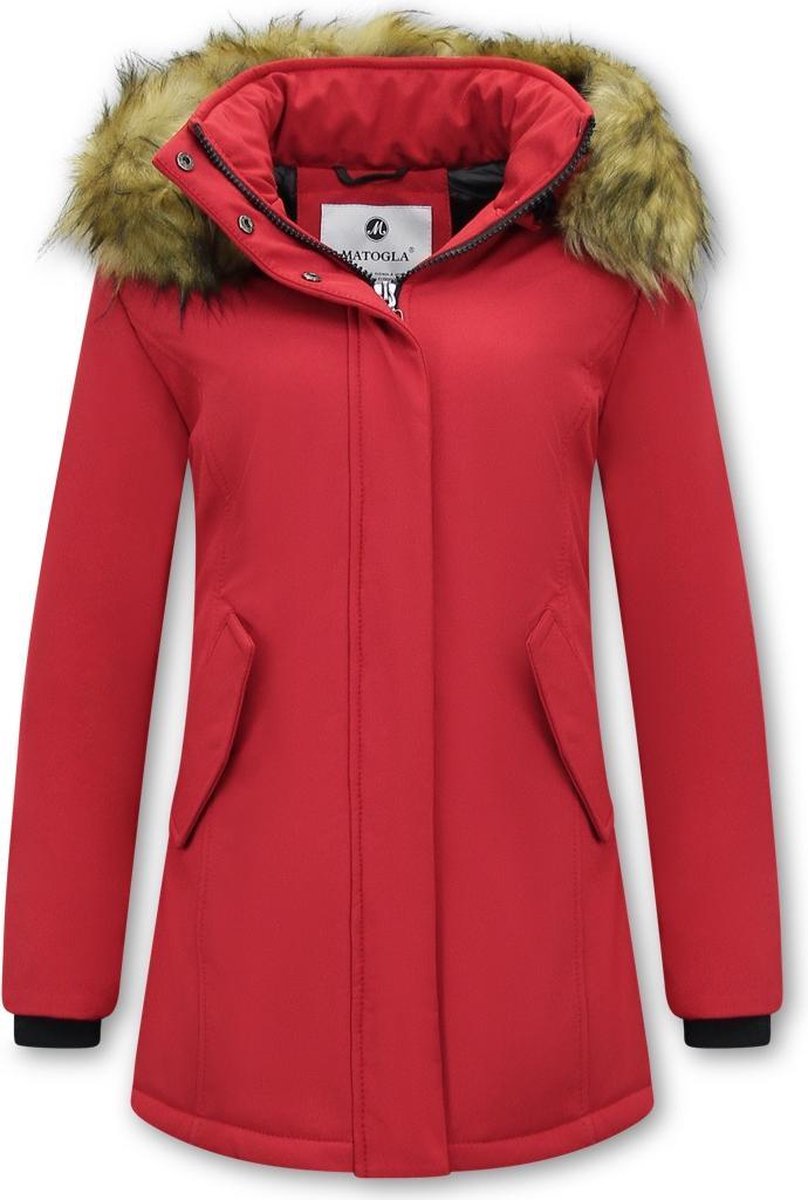 MATOGLA Dames Winterjas met Imitatie Bontkraag - Slim Fit - Rood