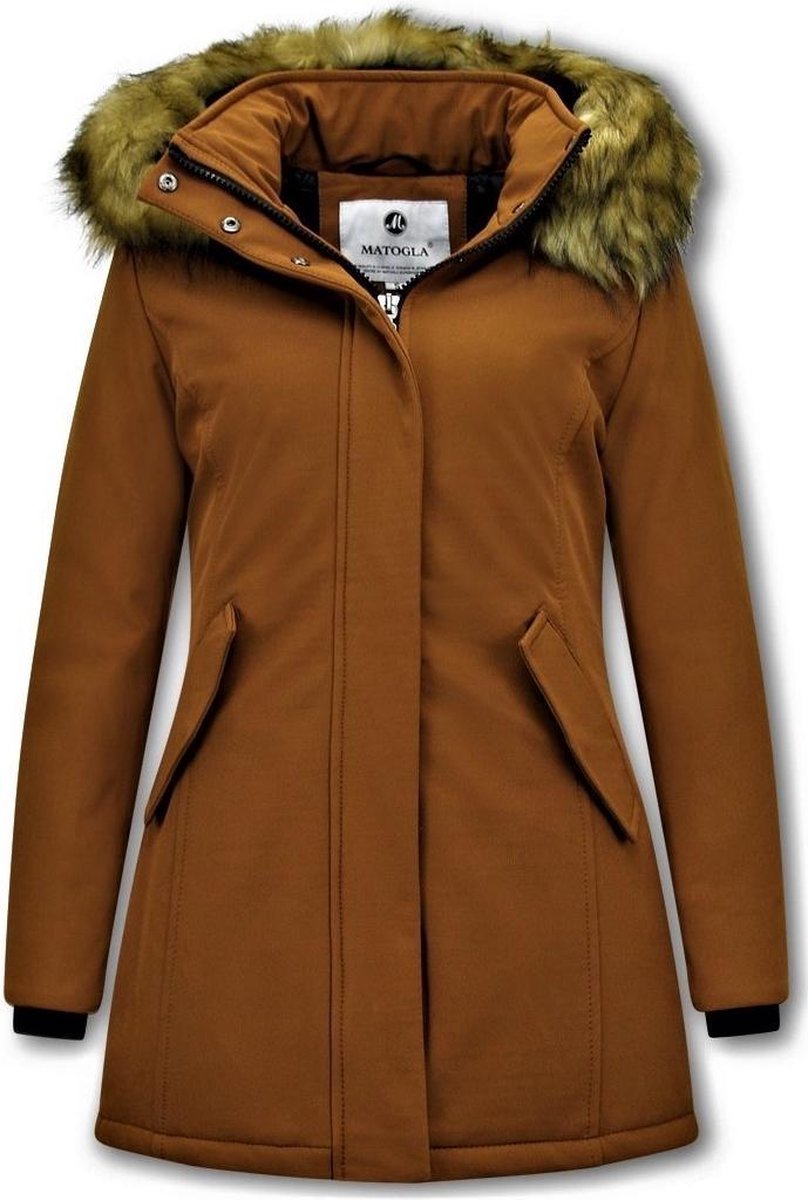 MATOGLA Dames Winterjas met Imitatie Bontkraag - Slim Fit - Bruin