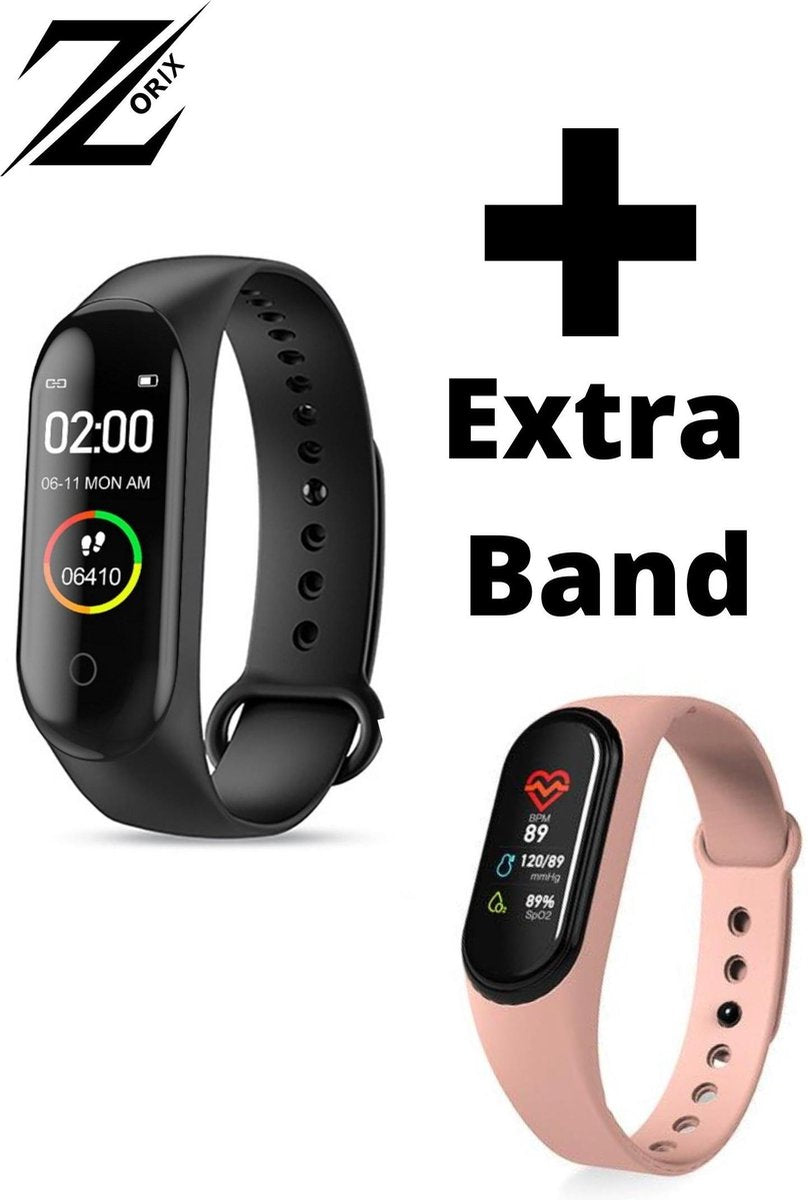 ZORIX®- M4 Stappenteller -Smartwatch- Activity Tracker - Sporthorloge - Heren - Dames - Zwart + Roze Band