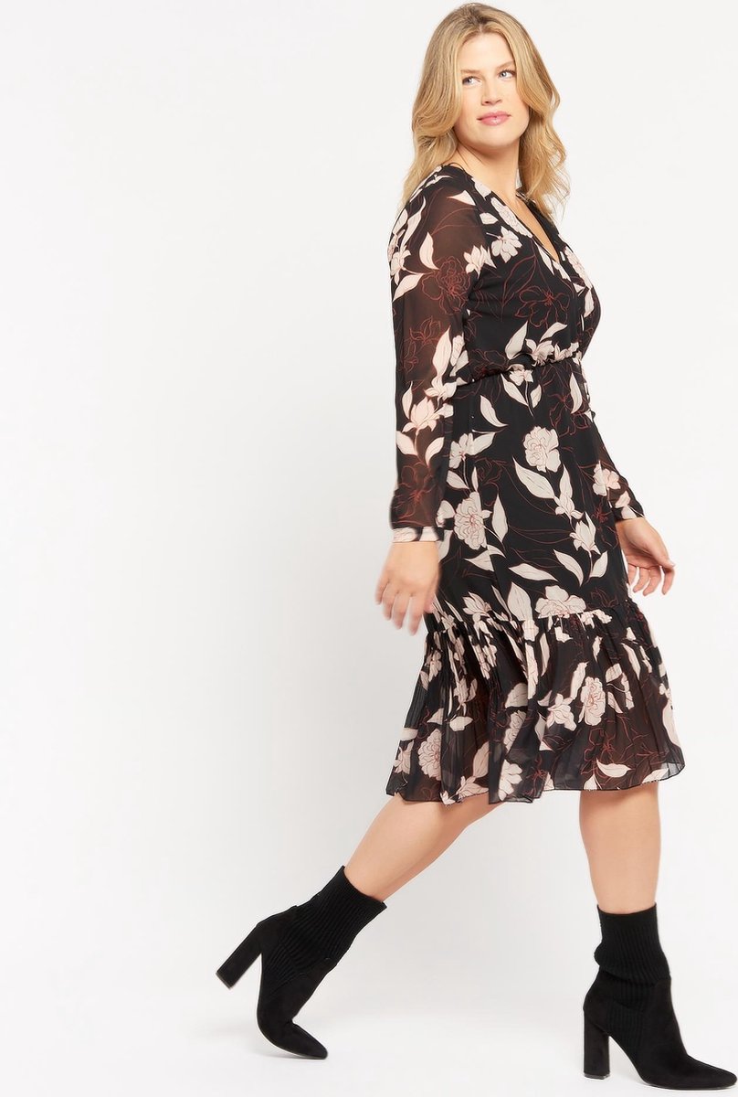 Maxi jurk met bloemen en lange mouwen - Zwart