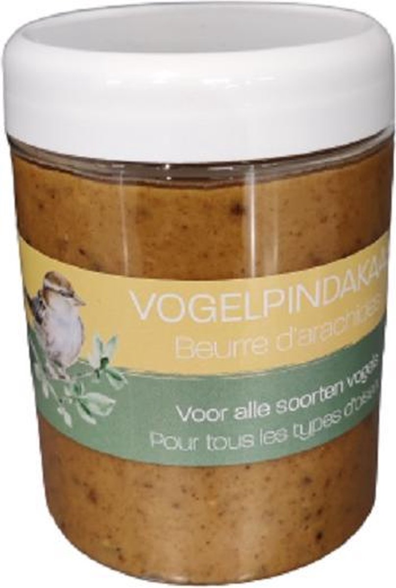 Huisdierspeciaalzaak. Pot vogelpindakaas. Plastic pot met 350 gram inhoud. Tuinvogelvoer