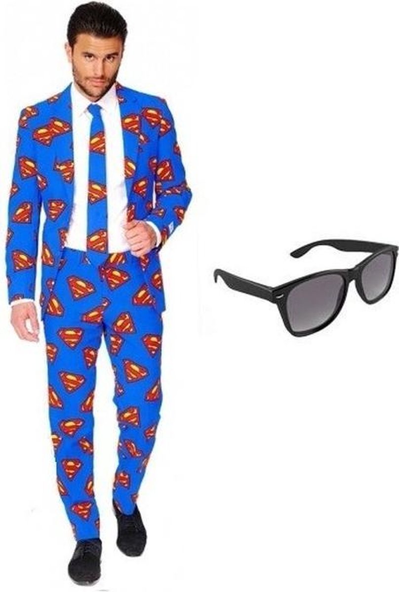 Heren kostuum / pak met Superman print maat 46 (S) - met gratis zonnebril