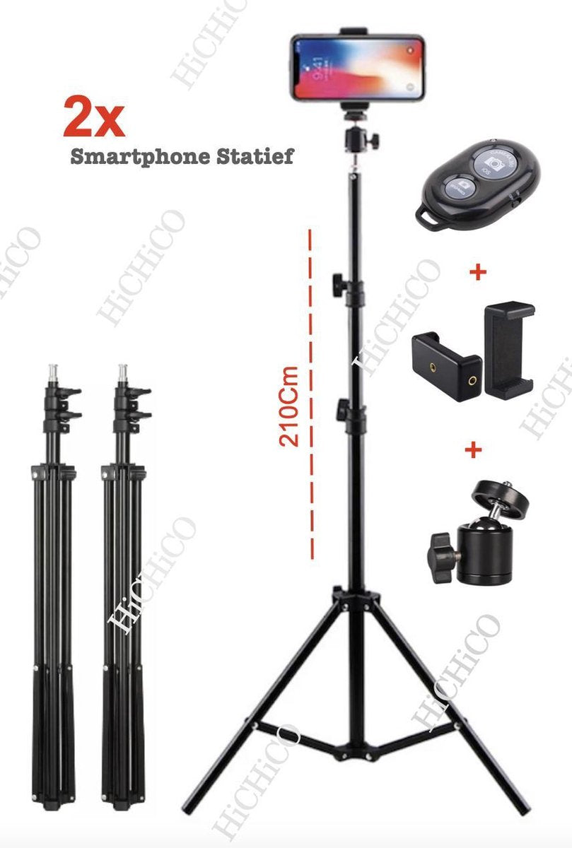 2x Camerastatief 210Cm Voor Fotocamera en Smartphone - iPhone - Canon - Nikon - Spiegelreflexcamera Inc. Bluetooth Remote Shutter
