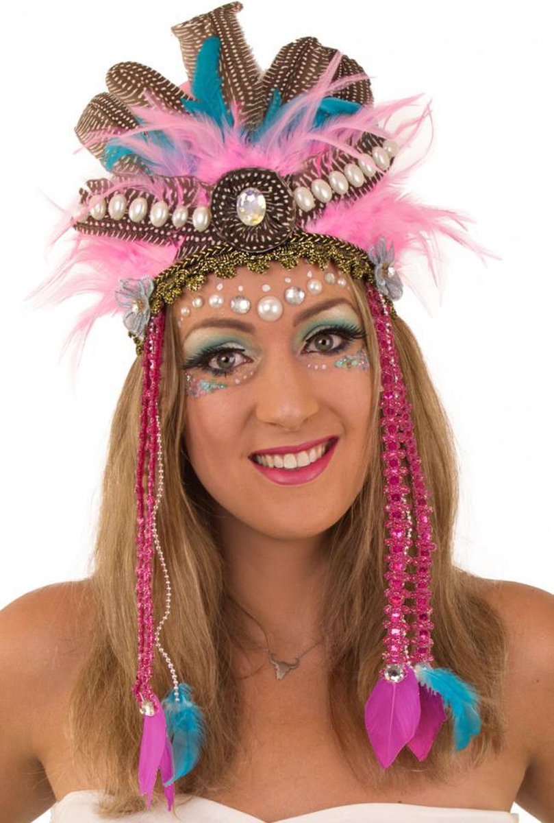 Verentooi roze blauw festival tooi fazantveren hoofdtooi indianentooi