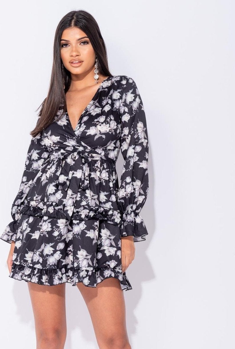 PARISIAN Floral Frill Trim Tiered Long Sleeve Dress - Dames - Zwart