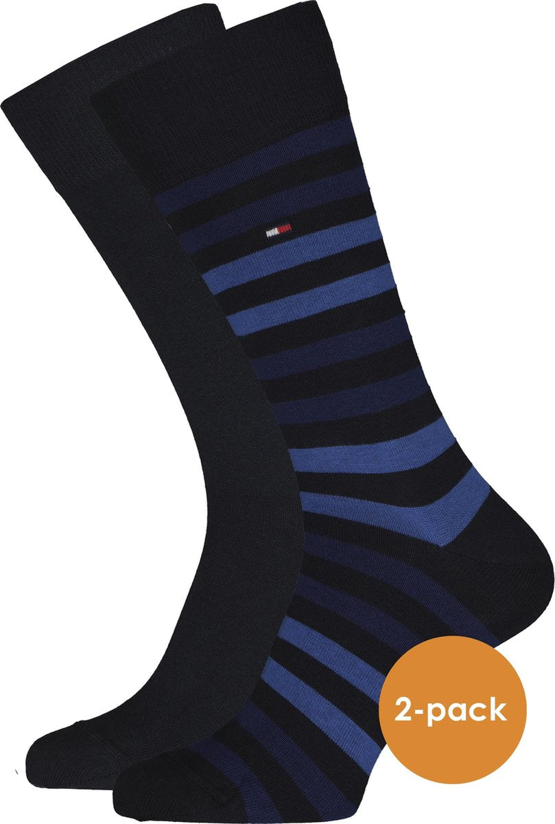 Tommy Hilfiger Duo Stripe Socks (2-pack) - herensokken katoen - gestreept en uni - blauw -  Maat: 39-42