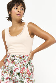 Tanktop met fijn ribpatroon en kant - Nude