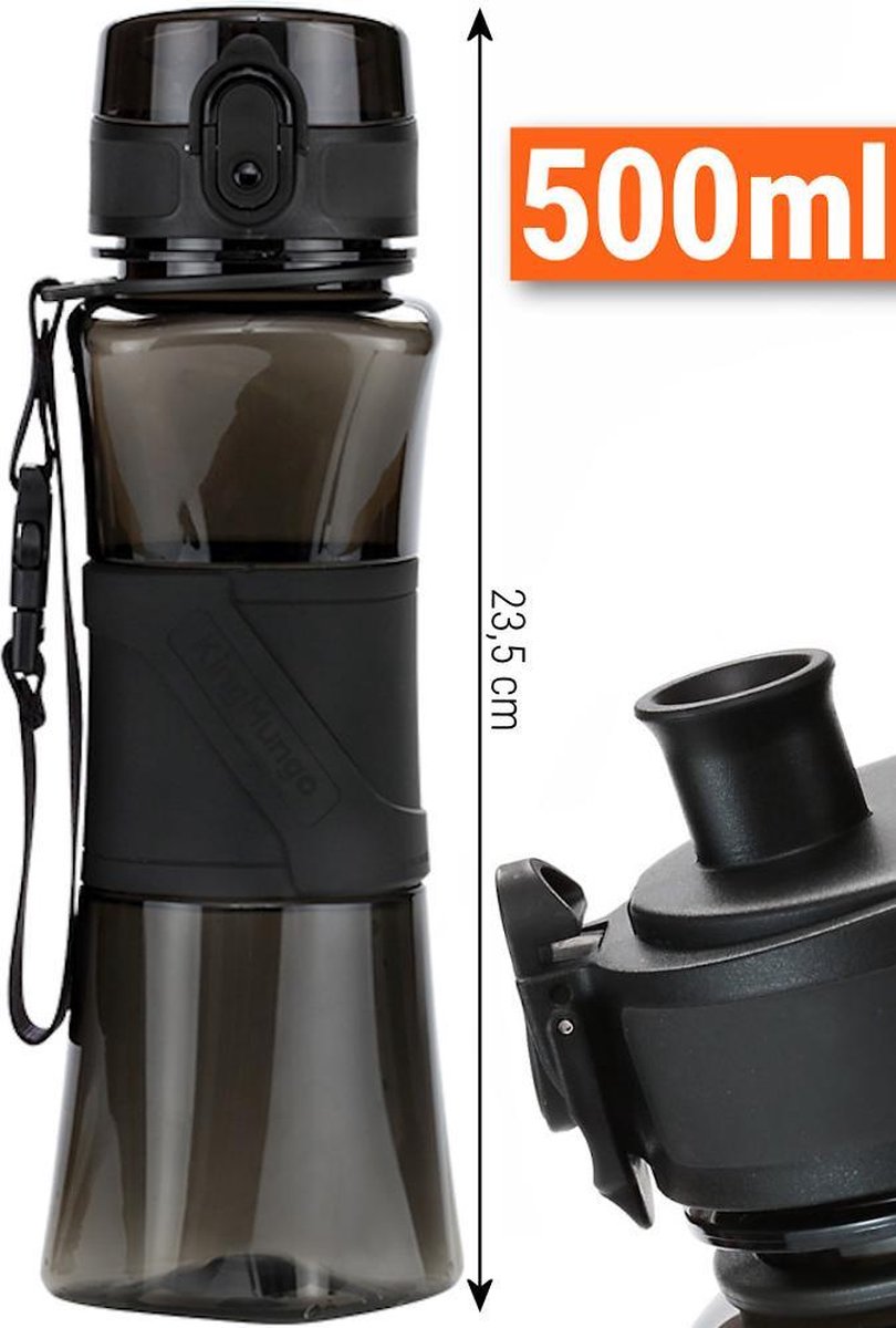 Drinkfles Herbruikbare Waterfles | 500 ml Zwart | Vaatwasserbestendig Drinkbus Bidon | King Mungo KMDF003