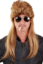 Mullet pruik lang donkerblond matje - blond bruin 80's rocker new kids redneck USA amerikaans muzikant eighties