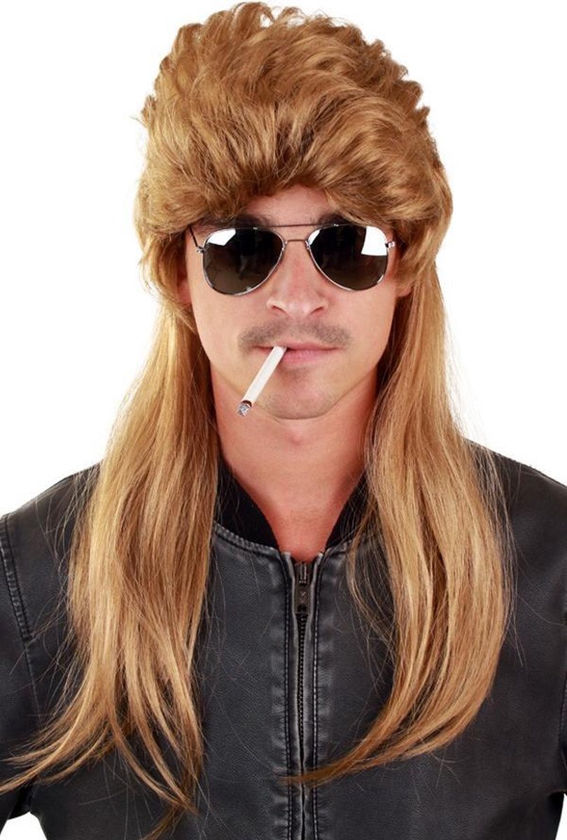 Mullet pruik lang donkerblond matje - blond bruin 80's rocker new kids redneck USA amerikaans muzikant eighties