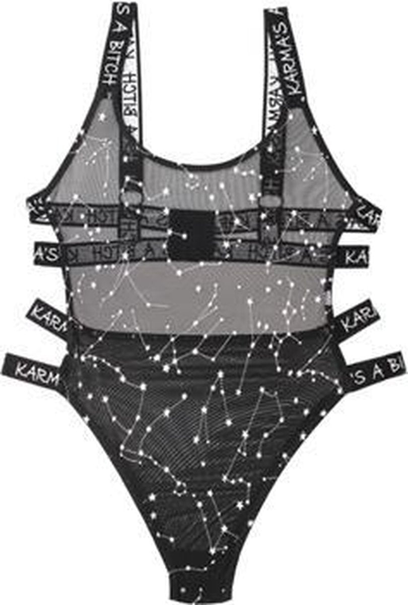 Body Met  Zodiac Print - Zwart/Metallic - Dames Lingerie - L/XL - Body - Zwart transparant - Discreet verpakt en bezorgd
