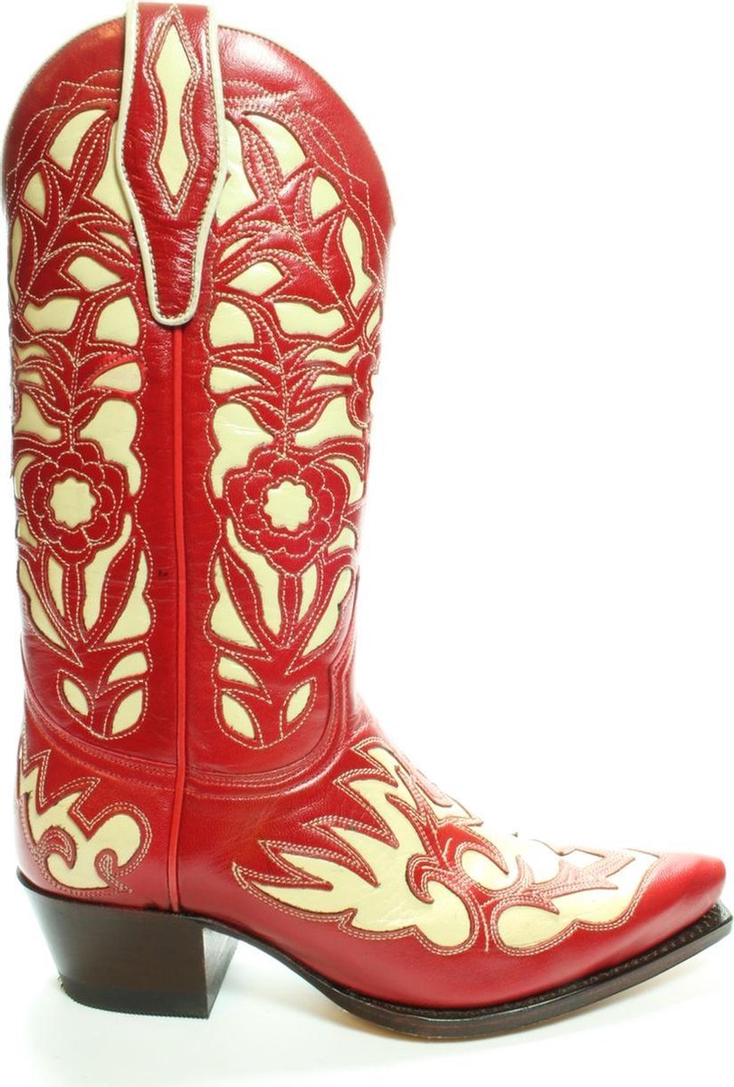 Sendra Boots 5529 Rood Dames Western Bohemian Ibiza Laarzen Judi Spitse neus Rechte Hak Bloemmotief Treklussen Echt Leer Maat 37