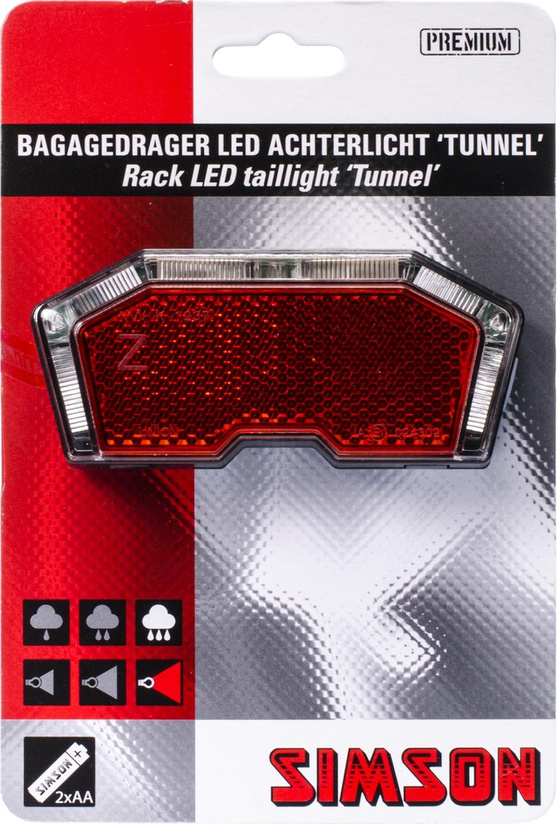 Simson Reflector/Achterlicht - Bagagedrager - Inclusief batterij - 'Tunnel' LED Auto