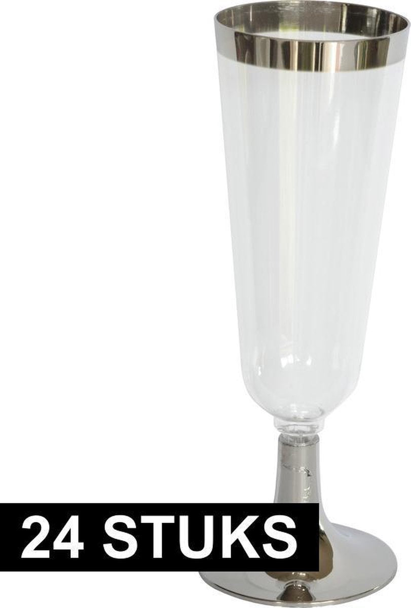 24x Luxe champagne glazen zilver/transparant kunststof - 150 ml - Herbruikbare plastic champagneglazen
