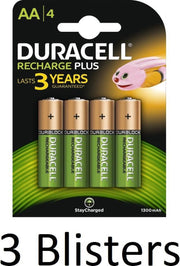12 Stuks (3 Blisters a 4 st) Duracell AA Oplaadbare Batterijen - 1.300 mAh