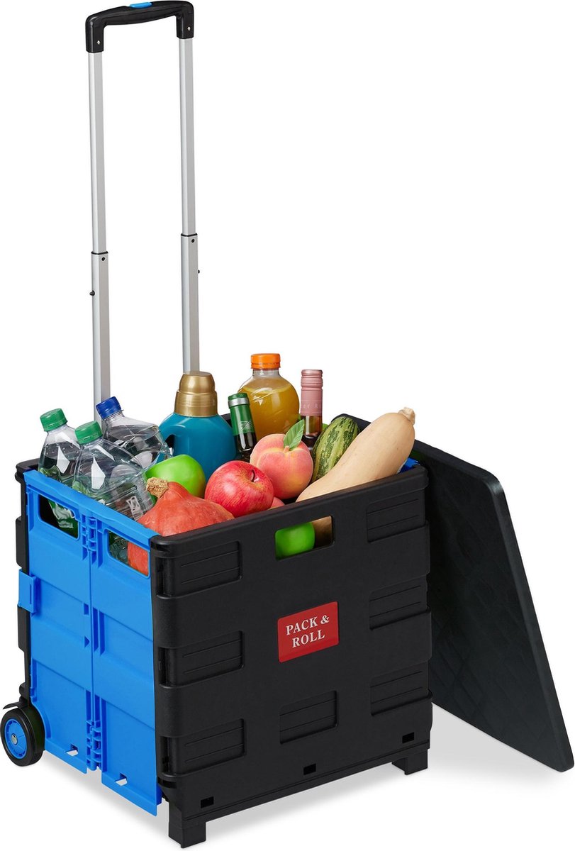 relaxdays boodschappentrolley inklapbaar - vouwkrat met wielen - trolley - boodschappenkar blauw