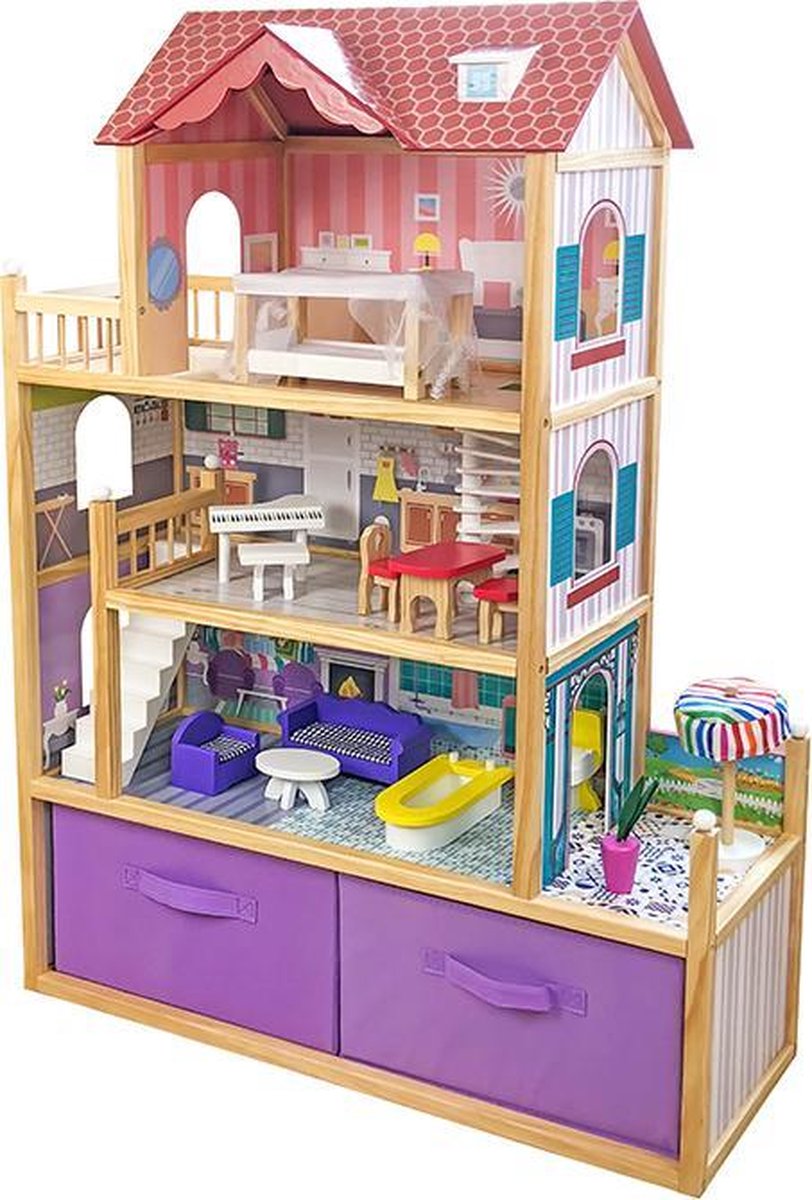 I-CIGO Tootti XXL NEW 118 CM Villa - houten poppenhuis - Gratis Poppen - krijtbord-functie